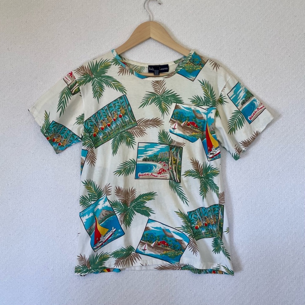 Vintage Ralph Lauren Blue Label AOP Hawaiian Shirt Size M Tropical Postcard 80s
